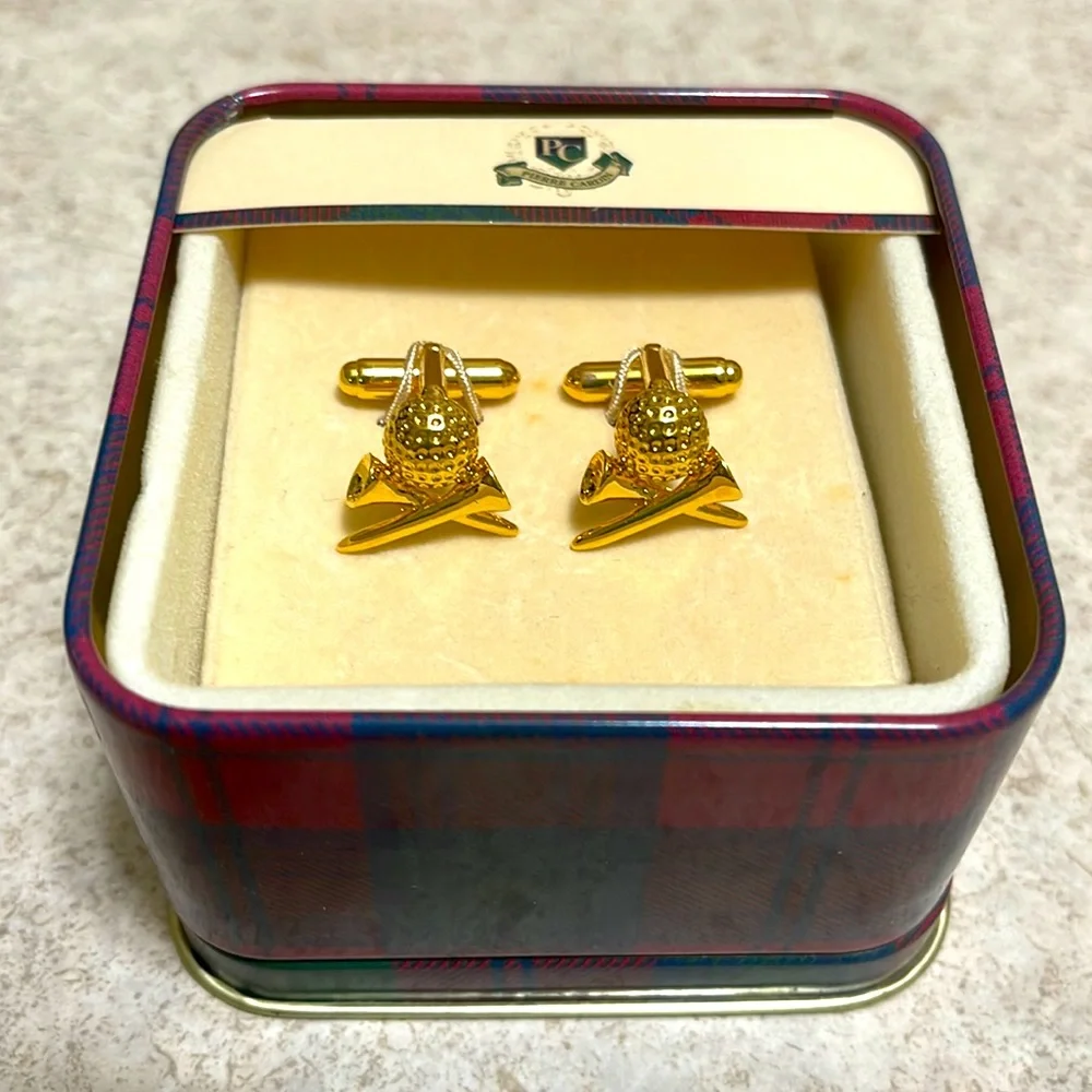 BNWT VINTAGE PIERRE CARDIN “GOLD TONE GOLF BALL & TEES CUFF LINKS IN PLAID TIN